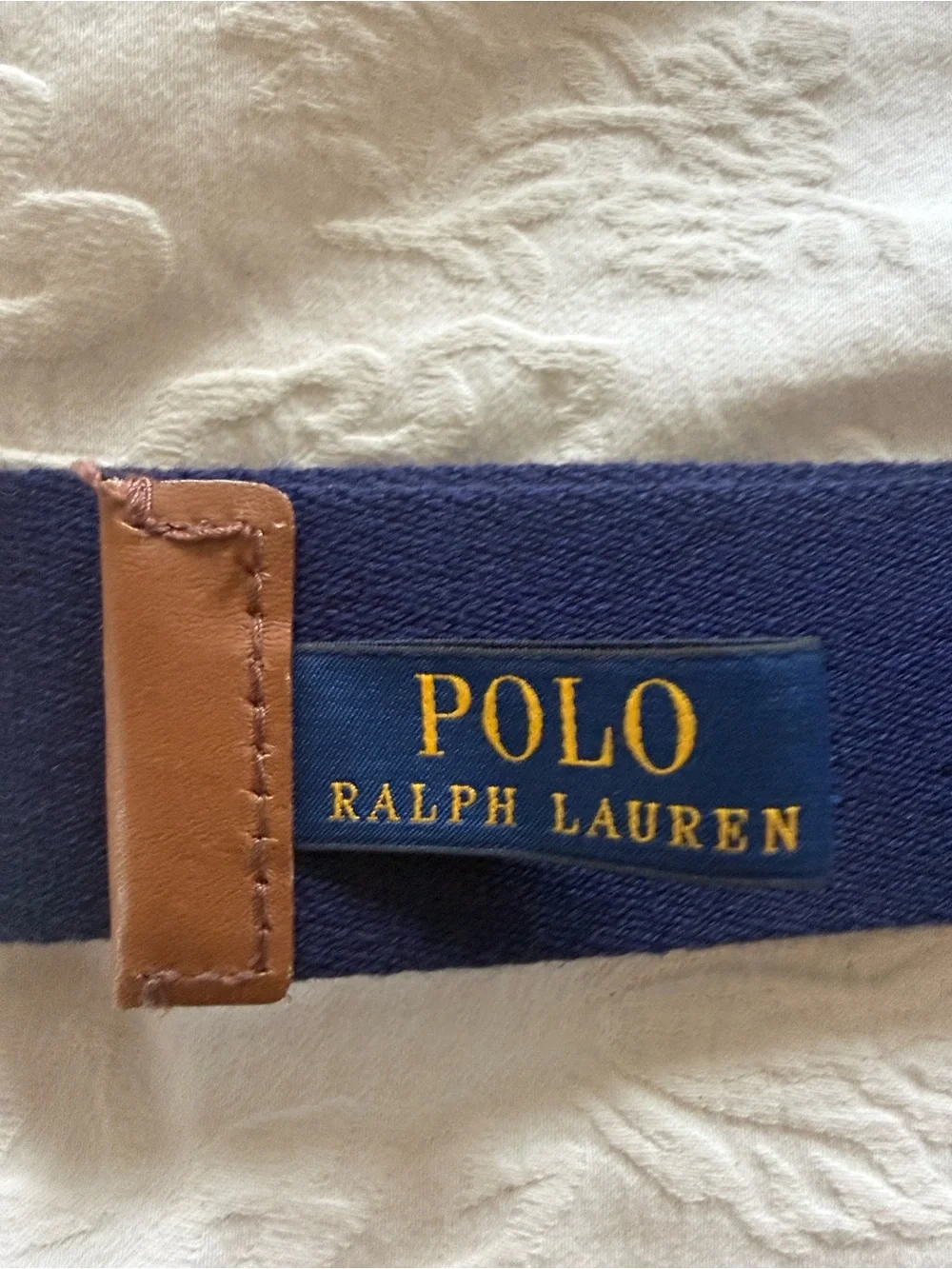 Polo by Ralph Lauren Navy Canvas Belt with Tan Leather Tab and Silver Buckle